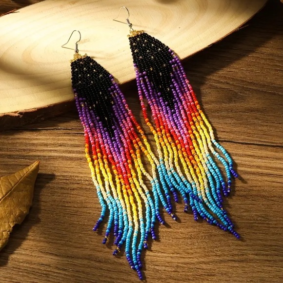 Stary Night & Rainbow Skies Boho Seed Bead Fringe Earrings - Picture 3 of 3